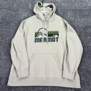 Marmot Hoodie Mens 3X Beige Fleece Pullover Graphic Logo Outdoor Hiking Casual